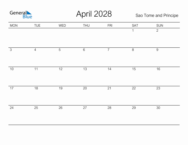Printable April 2028 Calendar for Sao Tome and Principe