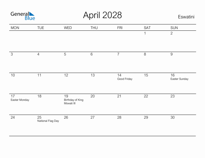 Printable April 2028 Calendar for Eswatini