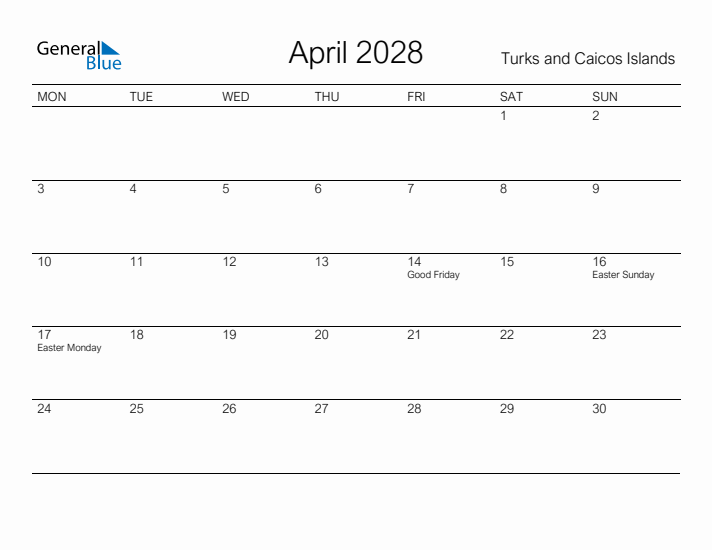 Printable April 2028 Calendar for Turks and Caicos Islands