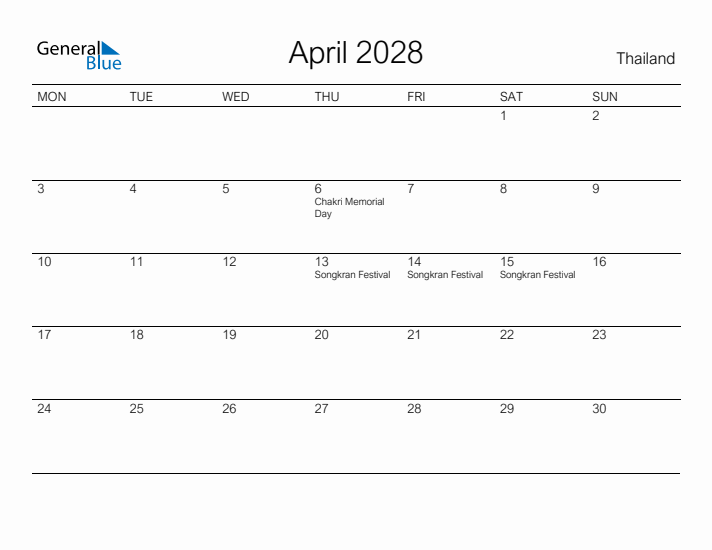 Printable April 2028 Calendar for Thailand