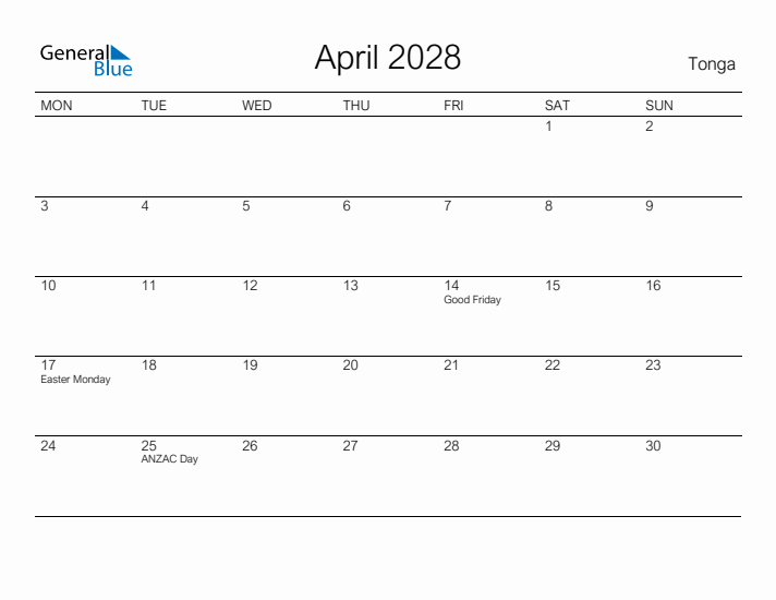 Printable April 2028 Calendar for Tonga