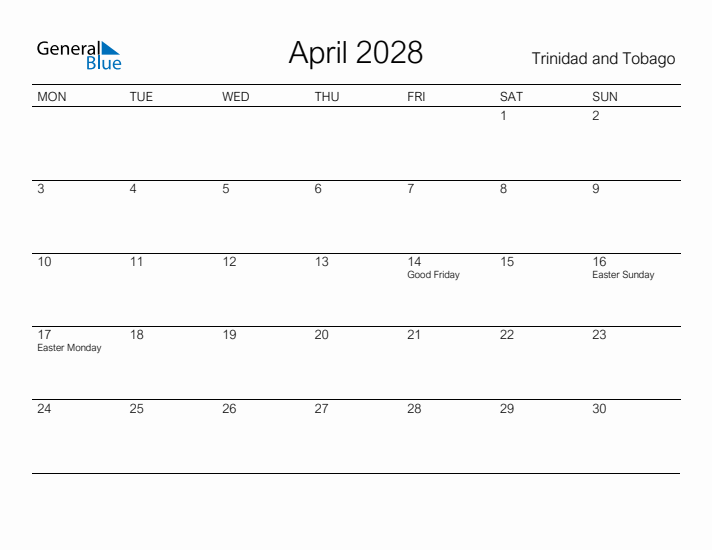 Printable April 2028 Calendar for Trinidad and Tobago