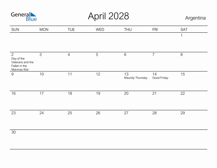 Printable April 2028 Calendar for Argentina