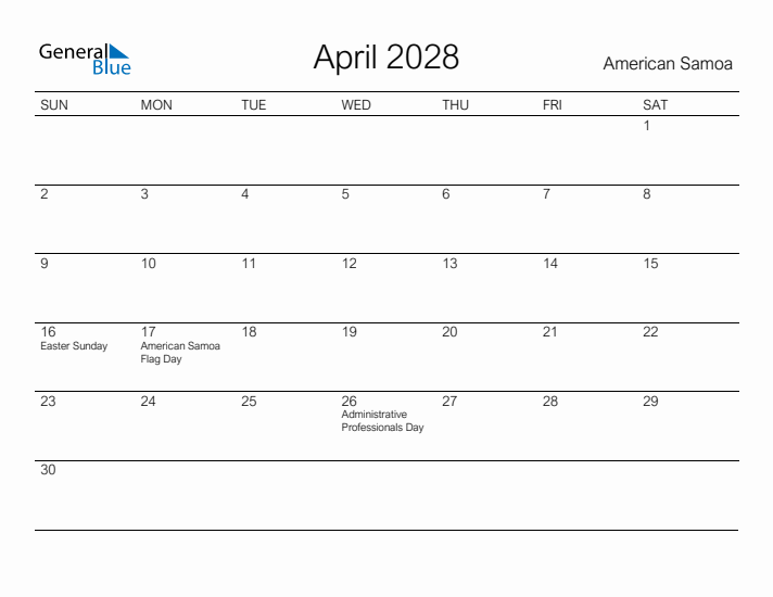 Printable April 2028 Calendar for American Samoa