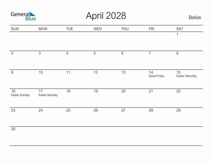 Printable April 2028 Calendar for Belize