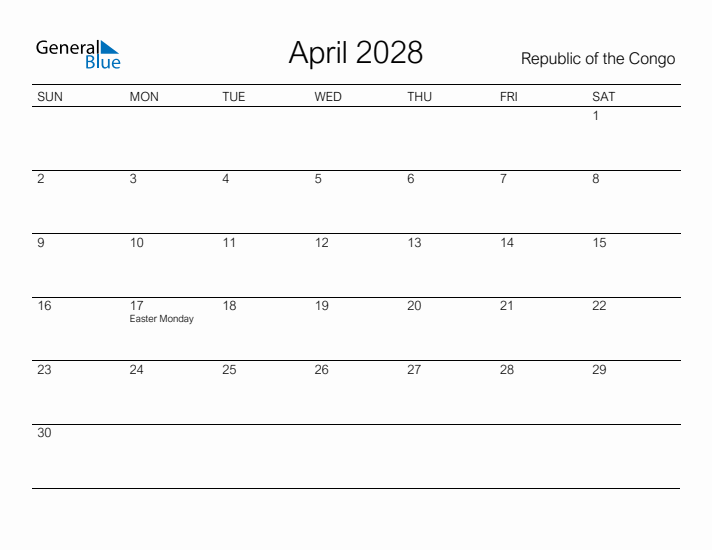 Printable April 2028 Calendar for Republic of the Congo