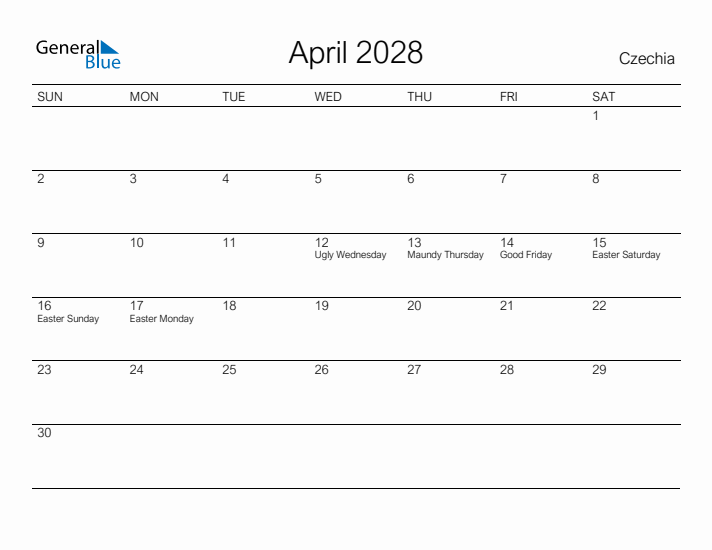Printable April 2028 Calendar for Czechia