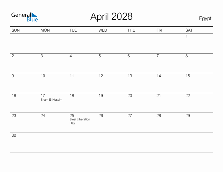 Printable April 2028 Calendar for Egypt