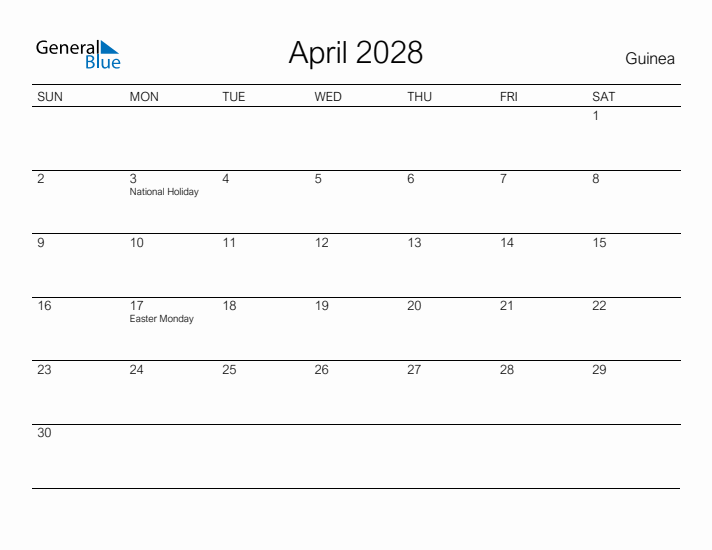 Printable April 2028 Calendar for Guinea