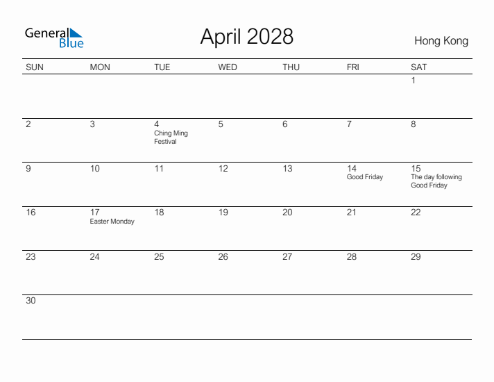 Printable April 2028 Calendar for Hong Kong