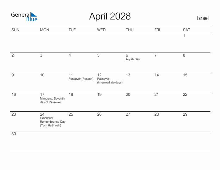 Printable April 2028 Calendar for Israel