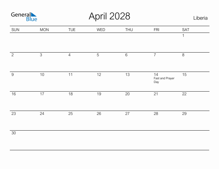 Printable April 2028 Calendar for Liberia