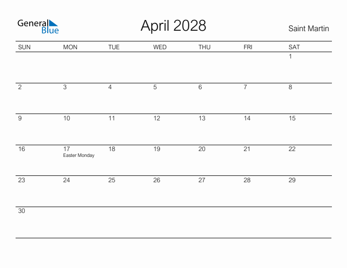Printable April 2028 Calendar for Saint Martin