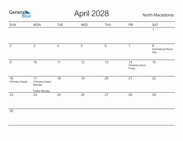 Printable April 2028 Calendar for North Macedonia