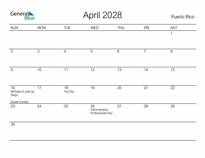 Printable April 2028 Calendar for Puerto Rico