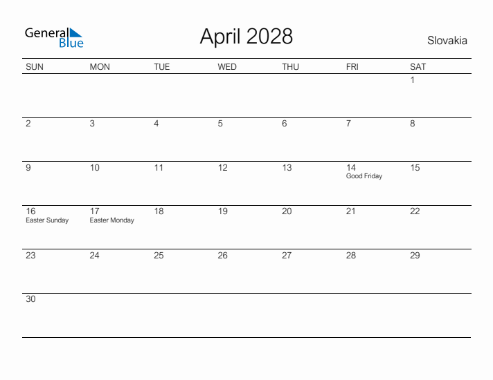 Printable April 2028 Calendar for Slovakia