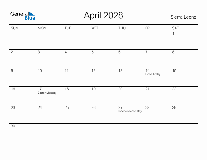 Printable April 2028 Calendar for Sierra Leone