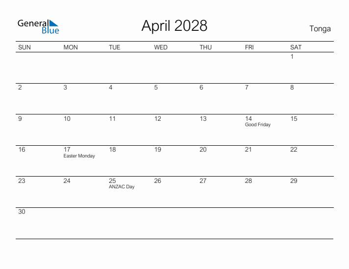Printable April 2028 Calendar for Tonga