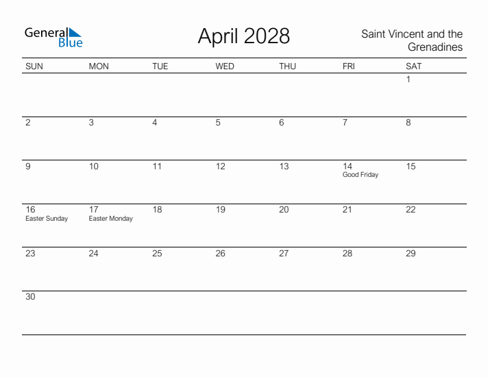Printable April 2028 Calendar for Saint Vincent and the Grenadines