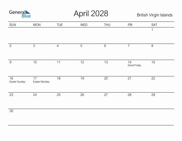 Printable April 2028 Calendar for British Virgin Islands