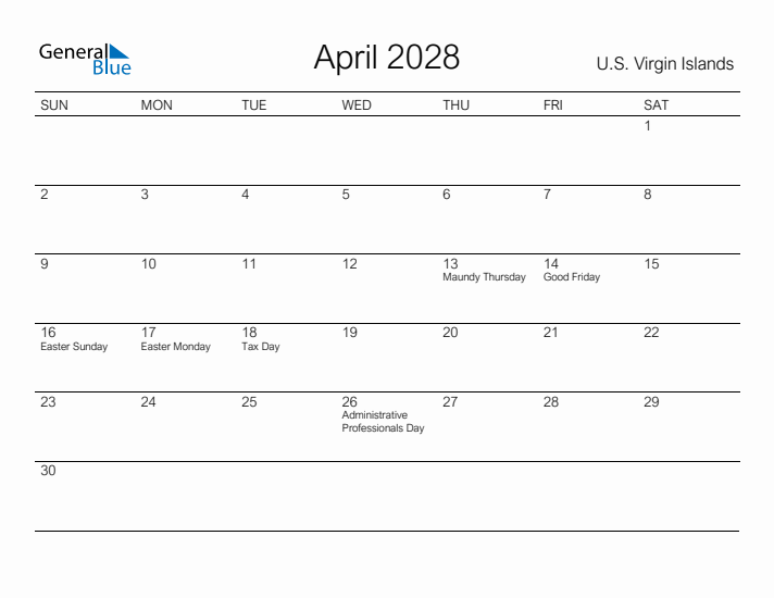 Printable April 2028 Calendar for U.S. Virgin Islands
