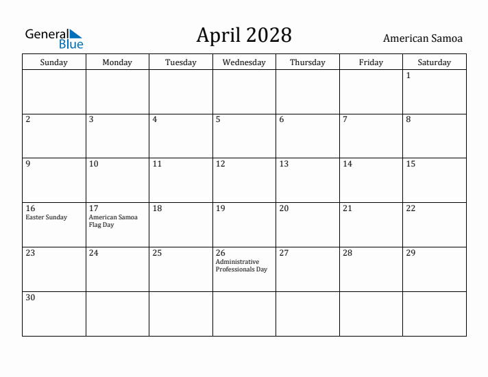 April 2028 Calendar American Samoa