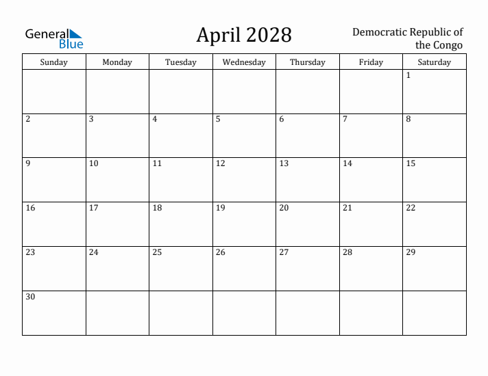 April 2028 Calendar Democratic Republic of the Congo