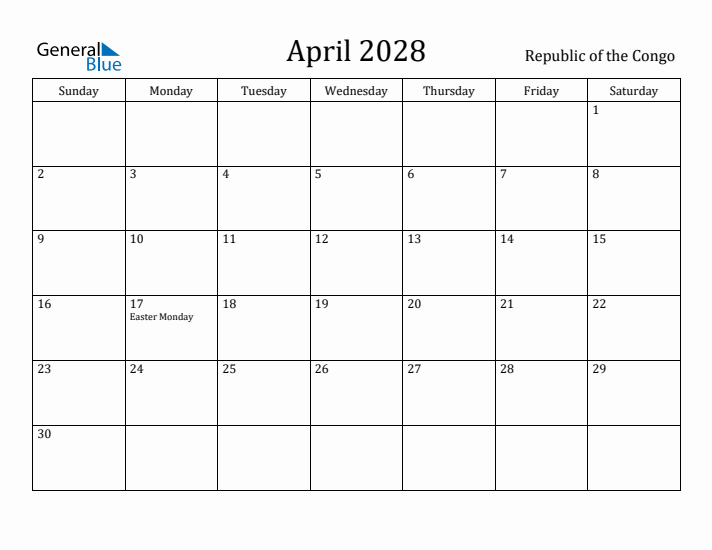 April 2028 Calendar Republic of the Congo