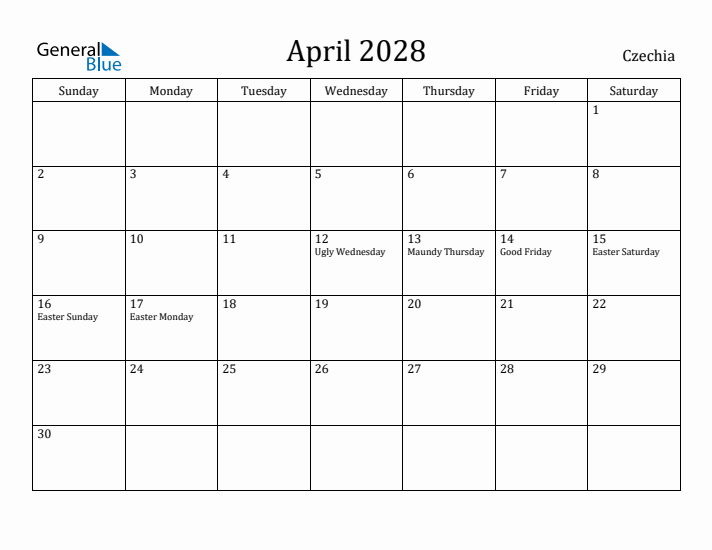 April 2028 Calendar Czechia