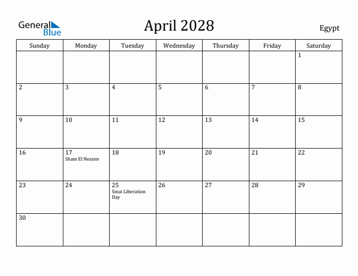 April 2028 Calendar Egypt