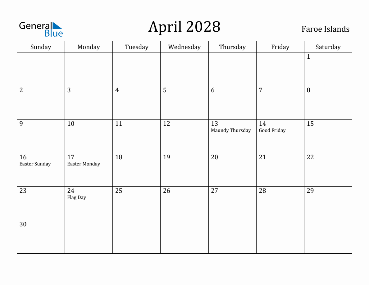 April 2028 Monthly Calendar with Faroe Islands Holidays