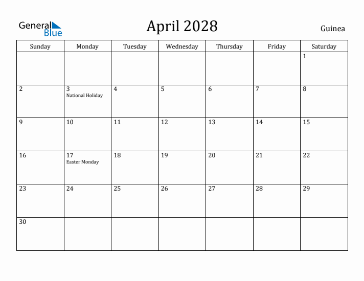 April 2028 Calendar Guinea