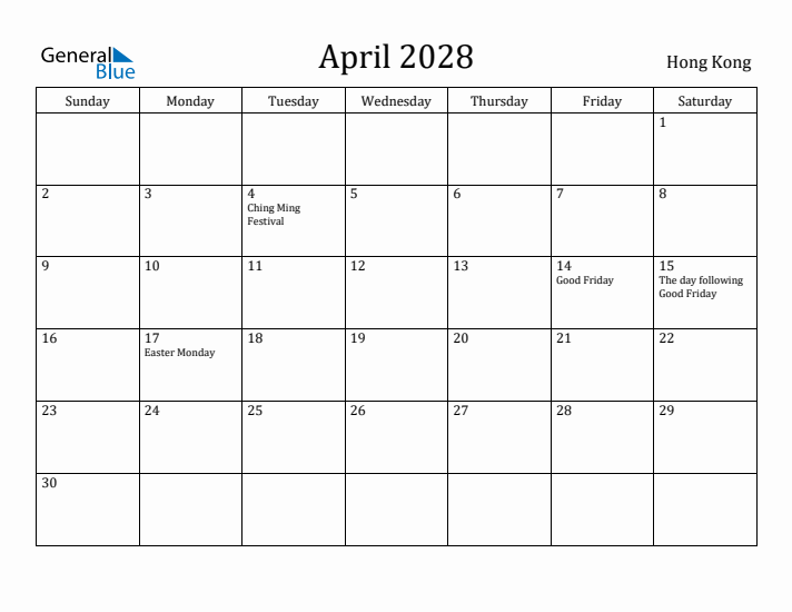 April 2028 Calendar Hong Kong