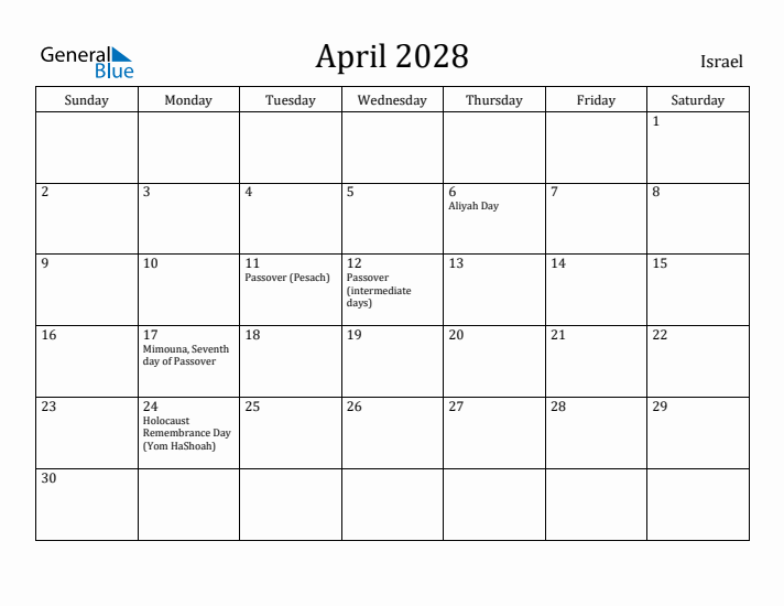 April 2028 Calendar Israel