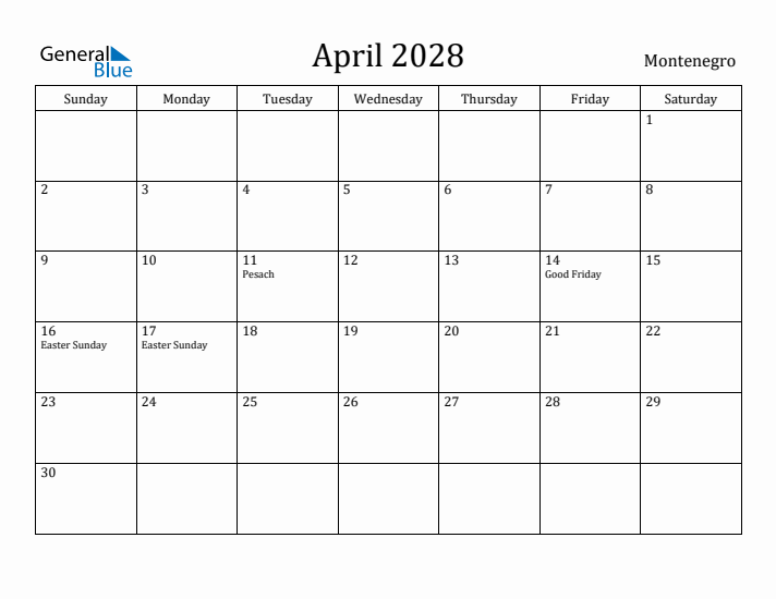 April 2028 Calendar Montenegro
