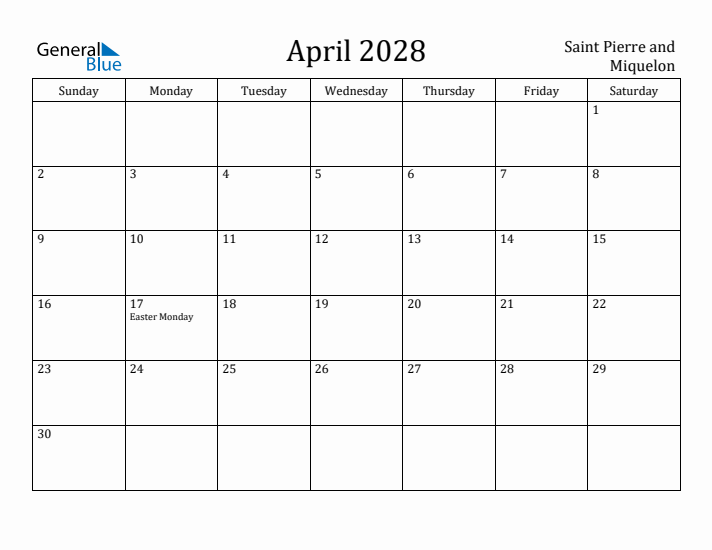 April 2028 Calendar Saint Pierre and Miquelon