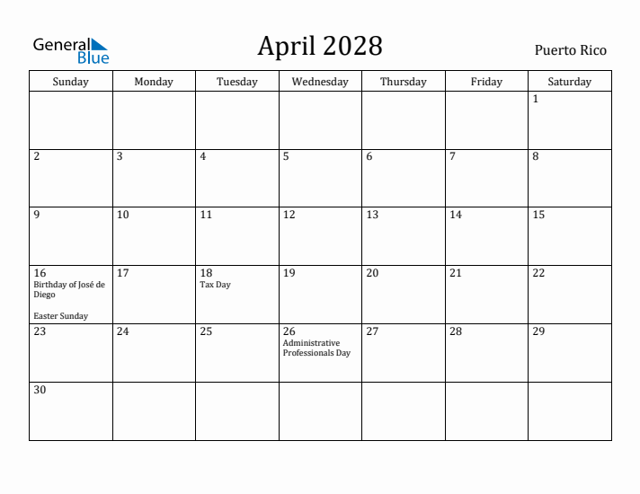April 2028 Calendar Puerto Rico