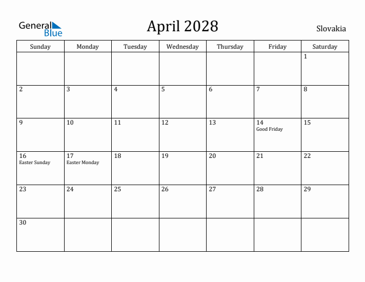 April 2028 Calendar Slovakia