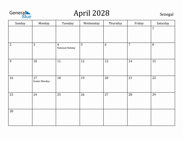 April 2028 Calendar Senegal