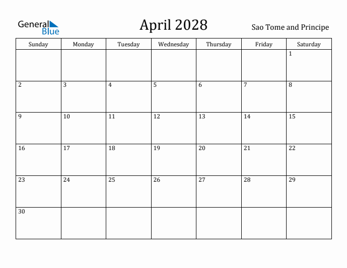 April 2028 Calendar Sao Tome and Principe