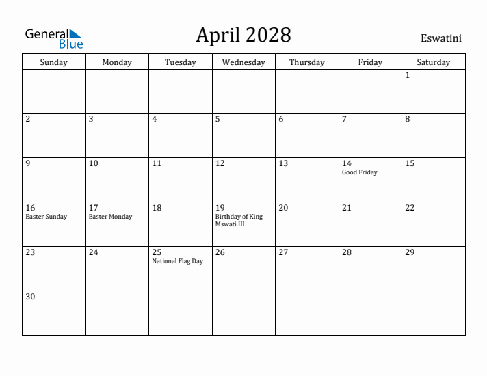 April 2028 Calendar Eswatini