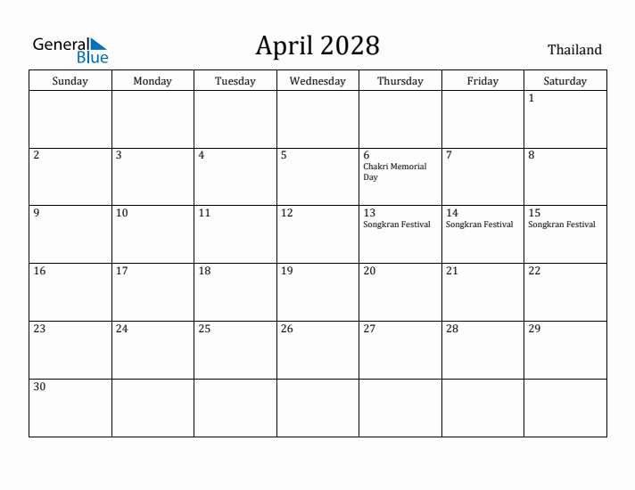 April 2028 Calendar Thailand