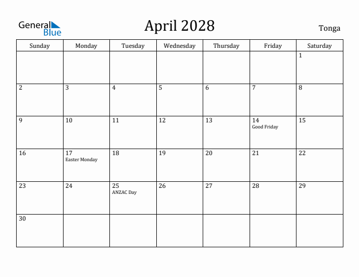 April 2028 Calendar Tonga