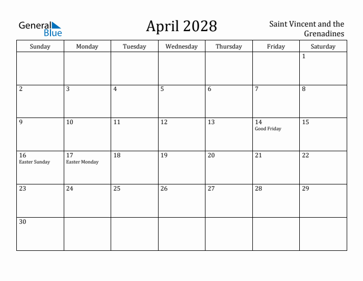 April 2028 Calendar Saint Vincent and the Grenadines