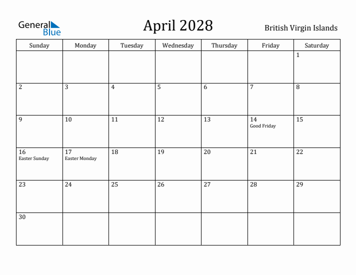 April 2028 Calendar British Virgin Islands