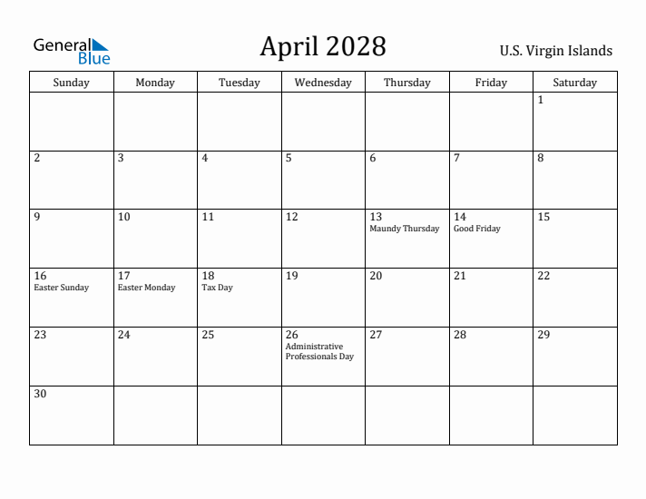April 2028 Calendar U.S. Virgin Islands