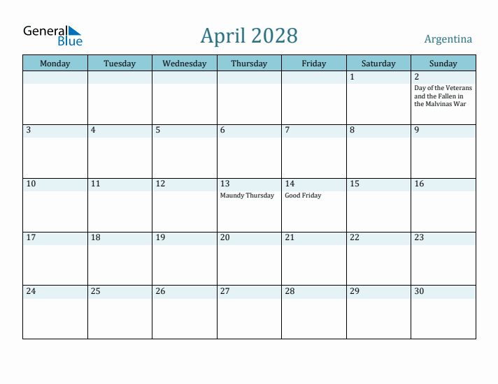 April 2028 Calendar with Holidays