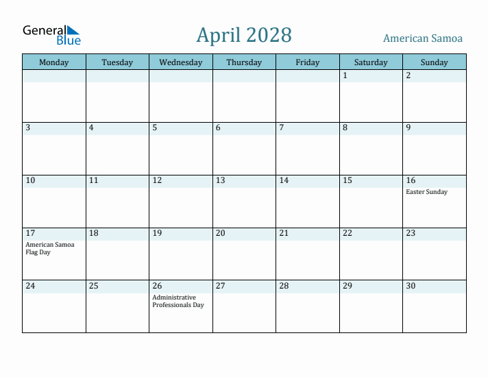 April 2028 Calendar with Holidays