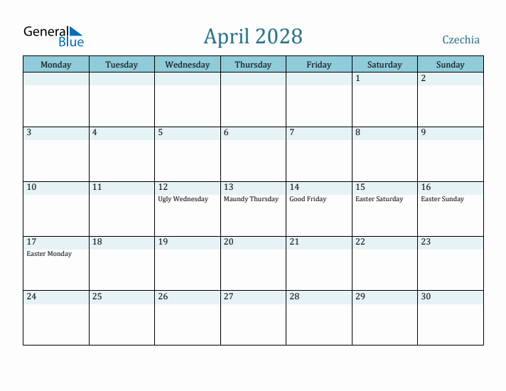 April 2028 Calendar with Holidays