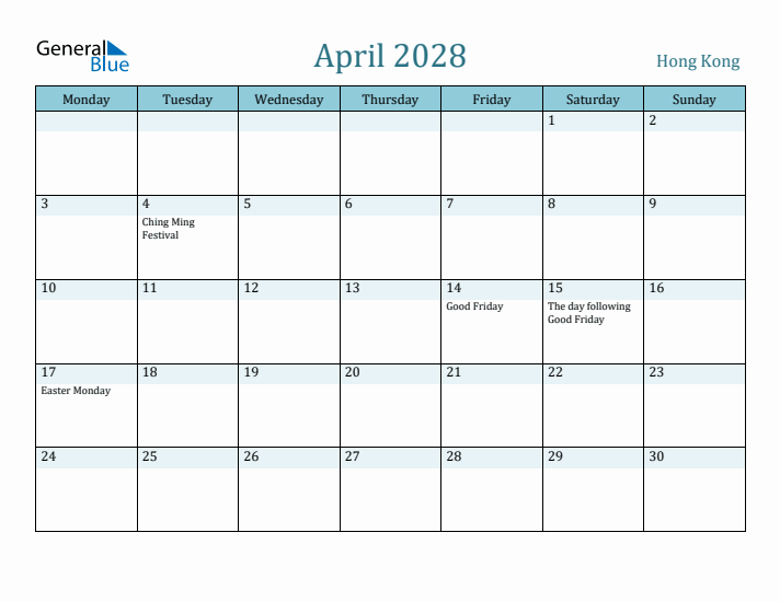 April 2028 Calendar with Holidays